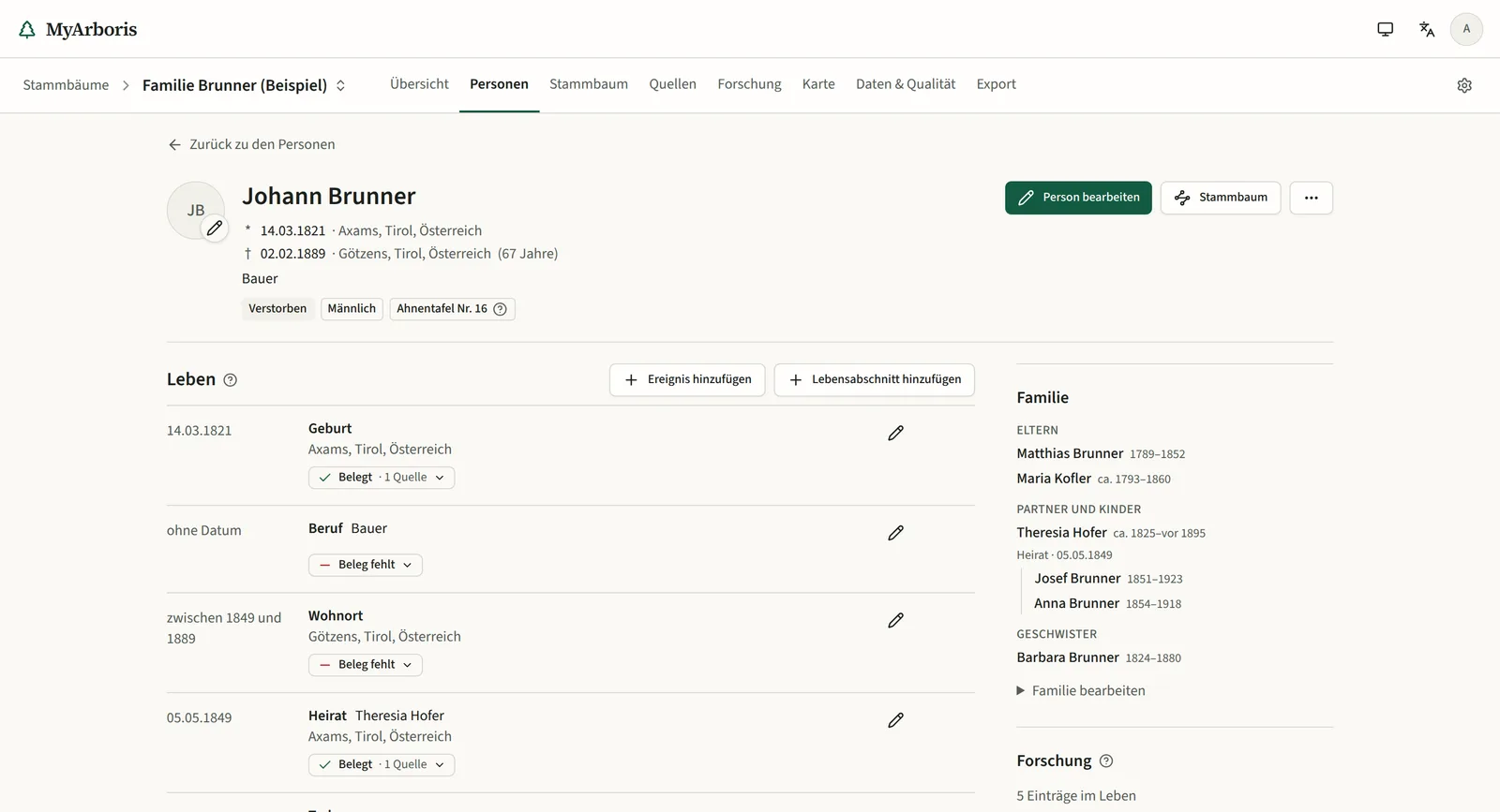 Personenseite im hellen Design: Lebensereignisse mit Belegstatus, daneben Familie, Forschung und Orte